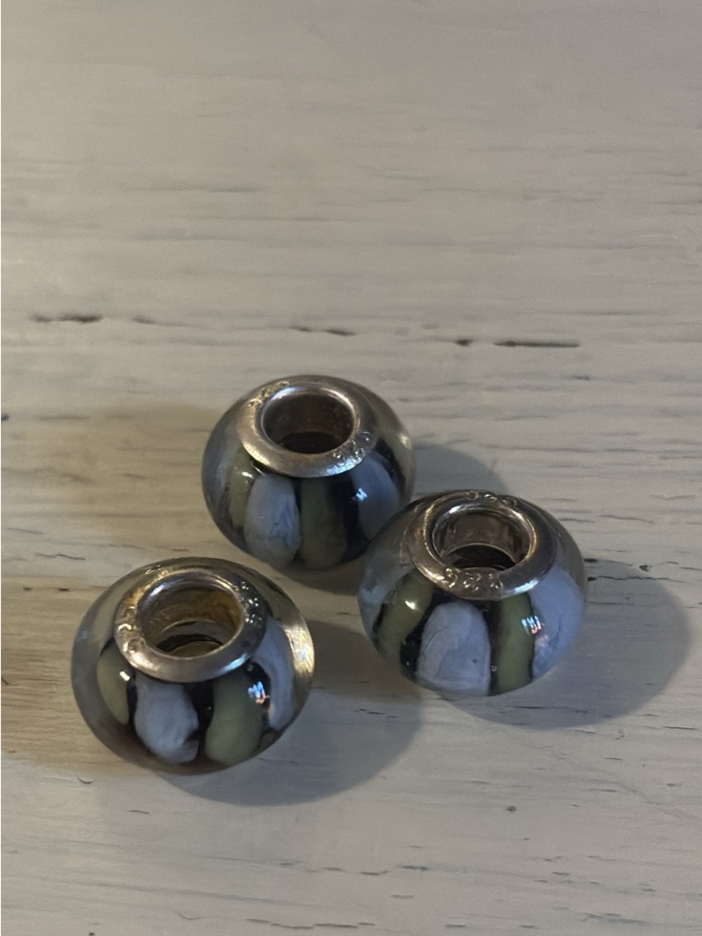925 Sterling Glass European Murano Style Spacer Bead Trio in Olive, Blue & Black
